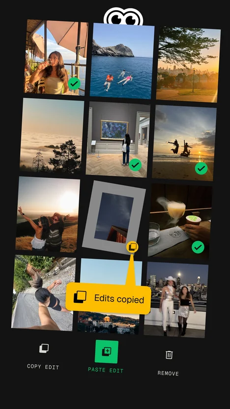 Snapseed 批量处理页：照片网格、复制编辑与粘贴编辑按钮