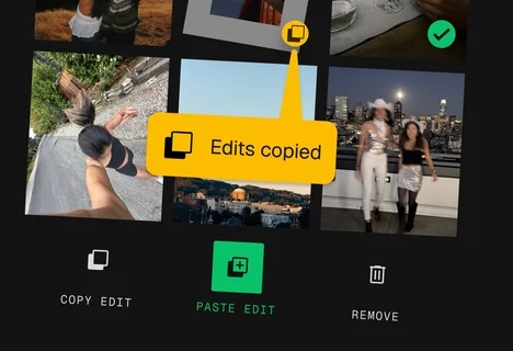 Snapseed 批量界面:勾选照片、复制编辑与粘贴编辑